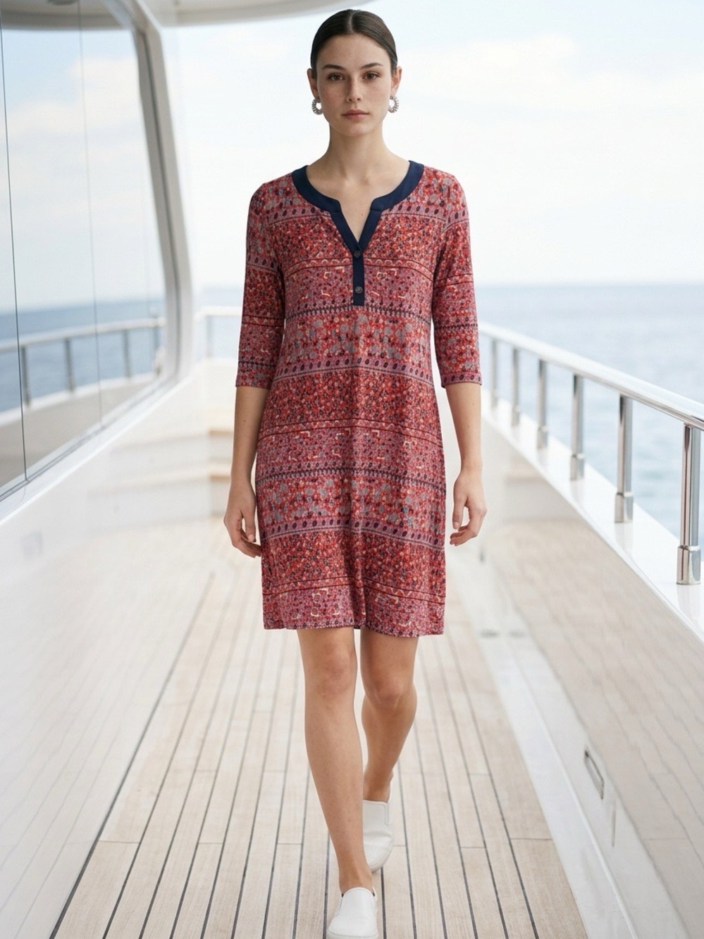 Honeyme Red Printed Midi Dress with Navy Trim